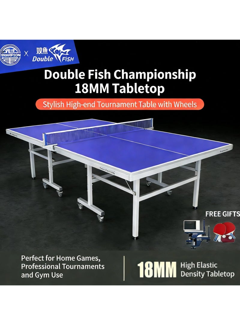 Double Fish GJ2001 18mm High Density Foldable Table Tennis Table with Wheels, Professional Competition & Home Training, Includes Net & Accessories - Image 2